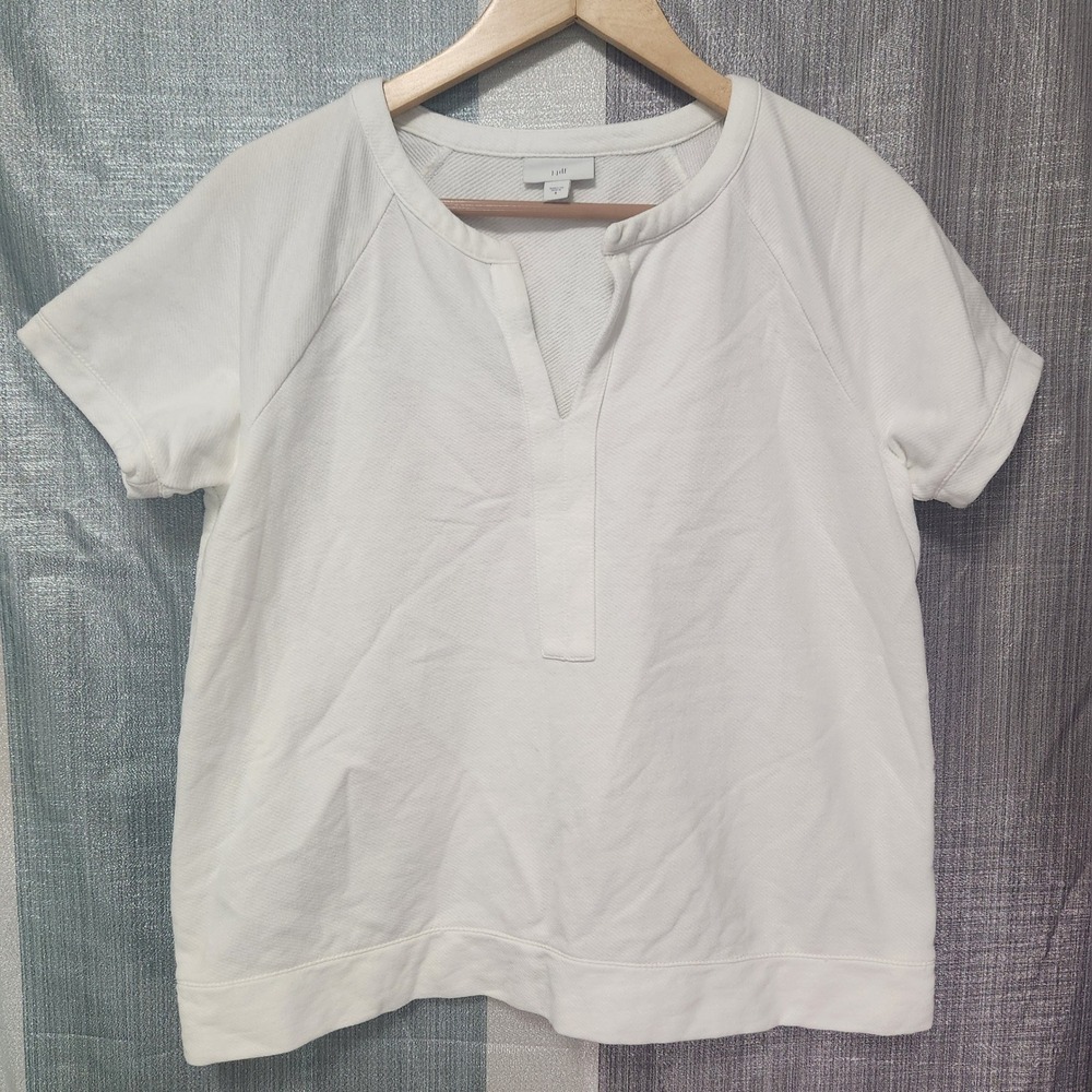 J. Jill White Textured Pure Cotton Split Neck Short Sleeve Popover Knit S Fall